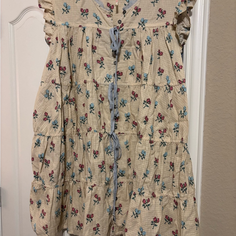 Free People Floral Button-Down Dress in Cream and Blue